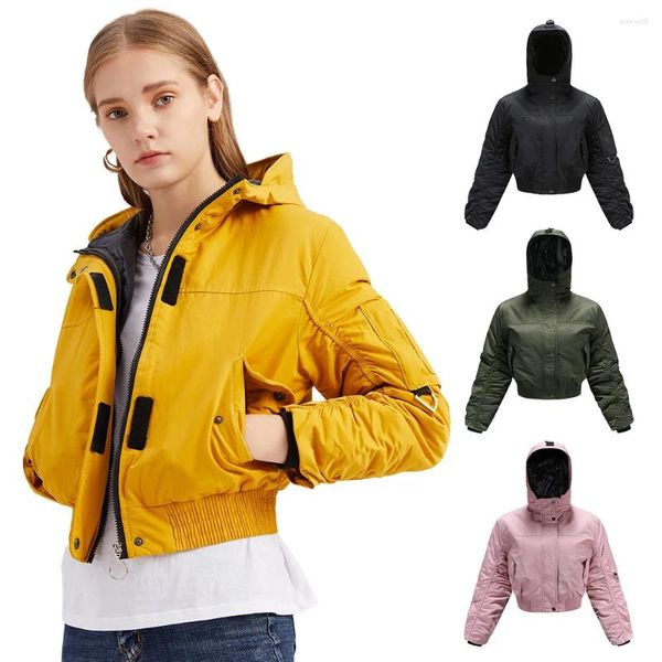 Chaquetas de mujer de algodón de invierno con capucha corta Bomber Crop Puffer chaqueta mujer Casual de manga larga abrigo amarillo K690