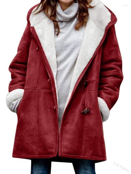 Vestes Femmes Hiver Corne De Vache Boucle Veste Femmes Poches Couleur Unie Manteau Polaire Doublé À Capuchon Manteau Femme Épaissir