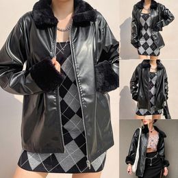 Damesjacks Winter Fashion Y2K Patchwork Leather Women Short Chic Faux Fur Turn Down Collar Streetwear Coat Tops Blackwomen's