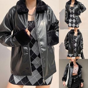 Damesjacks Winter Fashion Y2K Patchwork Leather Women Short Chic Faux Fur Turn Down Collar Streetwear Coat Tops Black