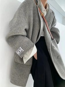 Vestes d'hiver en cachemire gris pour femmes, manteau pour la chaleur et l'épaississement, Style de rue, mode coréenne, costume à col Polo, 231202