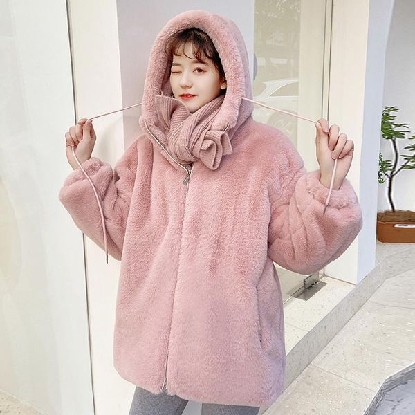 Chaquetas de mujer invierno con capucha lindo abrigo de piel sintética mujer moda coreana suelta dulce peludo lana de cordero grueso cálido suave hermana abrigo