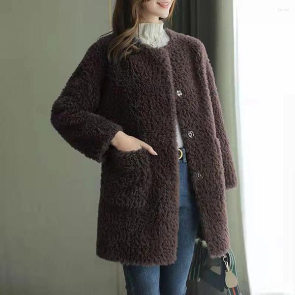 Vestes pour femmes Veste d'hiver réversible en peluche douce Cardigan chaud Couleur unie Manches longues Col ras du cou Poche moyenne pour les femmes