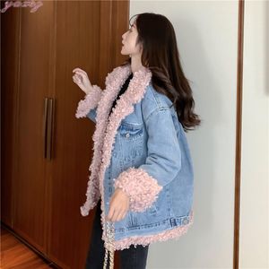 Vestes pour femmes hiver ample Plus velours chaud rose agneau Denim veste courte BF laine manteau 2023 femme rue coton manteaux