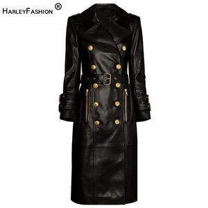 Women s Jackets Winter Luxury Design Double Breasted Black PU Leather Long Coats for Ladies Quality Street Women Trench with Belt 231129