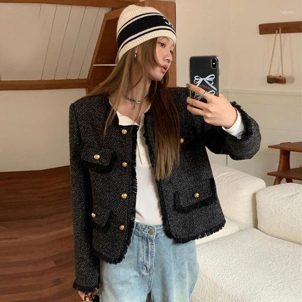 Chaquetas de mujer de invierno Retro fragante cuello redondo de retales con borlas borde de piel de manga larga chaqueta de Tweed gruesa corta abrigos de mujer