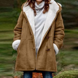 Chaquetas de mujer, chaqueta cálida de invierno, abrigos de lana de Color sólido para mujer, abrigo de terciopelo de manga larga con bolsillo, hebilla de cuerno, prendas de vestir holgadas con capucha