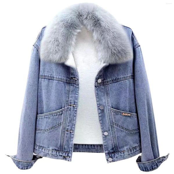Jaquetas femininas inverno quente pelúcia denim masculino peludo pescoço curto algodão jean jaqueta vintage carta bordado casacos de lã