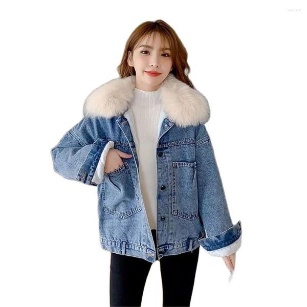 Chaquetas de invierno para mujer, abrigos gruesos y cálidos de mezclilla para mujer, chaqueta vaquera holgada con cuello de piel grande para mujer, abrigo para mujer, ropa de abrigo