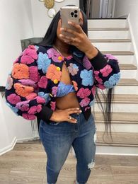 Chaquetas de mujer, abrigo de invierno para mujer, chaqueta Retro de felpa, cárdigan recortado de retazos de flores, prendas de vestir cálidas holgadas, ropa de calle Y2k para mujer