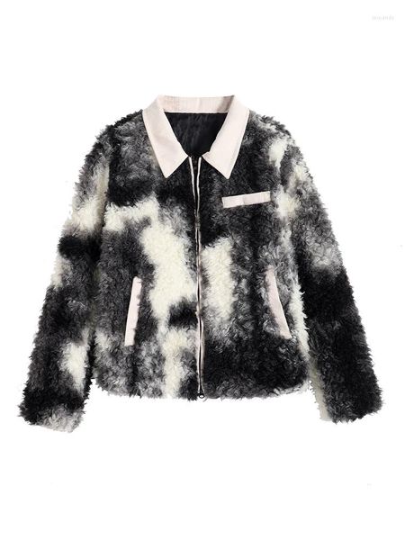 Chaquetas de mujer Invierno Mujeres Coreano Vintage Tie Dye Teddy Chaqueta Fluffy Corderos Abrigo de lana Cálido Outwear 2000s Marea estética Harajuku Chic