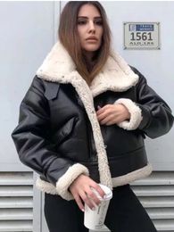 Chaquetas de mujer Invierno Mujer Streetwear Faux Lamb Leather Fur Lapel Crop Jacket Otoño Mujer Moto Biker Grueso Warm Sheepskin Outwear Coat 230303