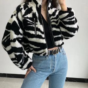 Vestes pour femmes hiver fermeture éclair à manches longues manteau en peluche polaire chaude veste courte vintage col montant zèbre court laine d'agneau streetwear