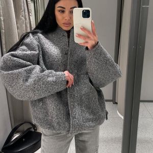 Vestes pour femmes avec boutons bombers gris à manches longues manteau dame poches chaudes vêtements d'extérieur 2023 printemps hiver