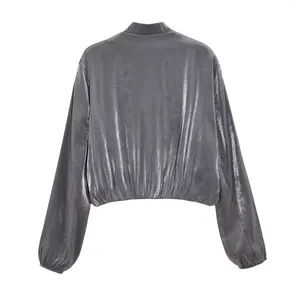 Vestes pour femmes a flétri l'automne britannique High Street rétro Metallic Silver Zipper Bomber veste pour femmes