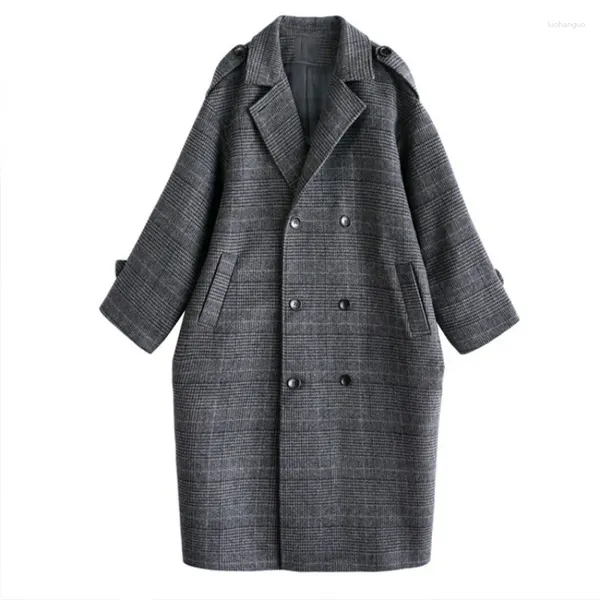 Chaquetas de mujer Woamn Plaid Lana Abrigo cálido Cuello vuelto suelto Largo Otoño Invierno Moda coreana Femlae Outerwear Trench Coat Top