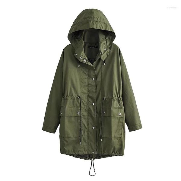 Chaquetas de mujer Mujer 2023 Verde militar con capucha Otoño Trench Coat Chaqueta larga suelta Moda casual Clásico Hasta el muslo Retro Cordón en la cintura