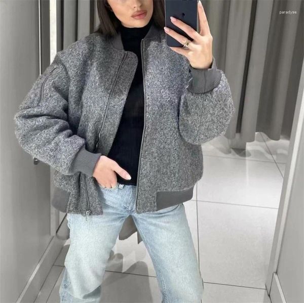 Vestes Femmes Femme Casual Gris Lâche Laine Bomber Veste 2023 Automne Hiver Filles Chaud Fermeture À Glissière Femelle Solide Surdimensionné Outwear