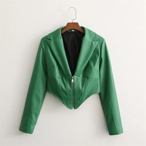 Femmes vestes femme décontracté vert à manches longues court veste en cuir synthétique polyuréthane 2023 automne femme mince en cuir solide dames haute rue vêtements d'extérieur