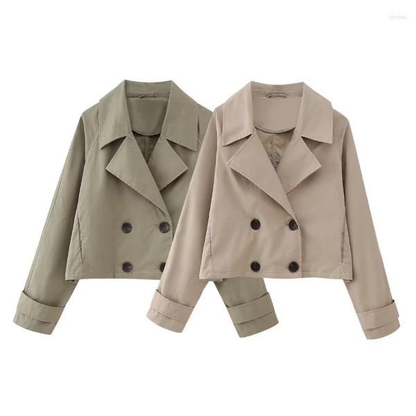 Vestes Femmes Femme Élégant Armée Vert Lâche Court Trench-Coat 2023 Automne Femme Casual Double Boutonnage Dames De Base Solide Coupe-Vent