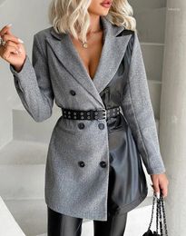 Vestes pour femmes Femme élégante double boutonnage ceinturé blazer manteau colorblock patchwork design tempérament déplacement travail veste de mode