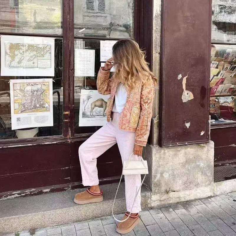 Kvinnors jackor kvinna elegant lapptäcke tryck bomullsjacka 2023 Autumn Winter Kvinna Löst High Street Outwear Girls Vintage Pocket