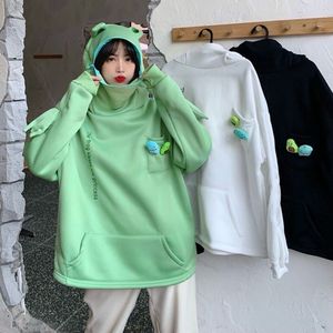 Vestes Femmes Femme Kawaii Frog Sweats à capuche Sweat-shirt Noir Vert Manches longues Corée Esthétique Femmes Streetwear Vintage Couples Vêtements 230131