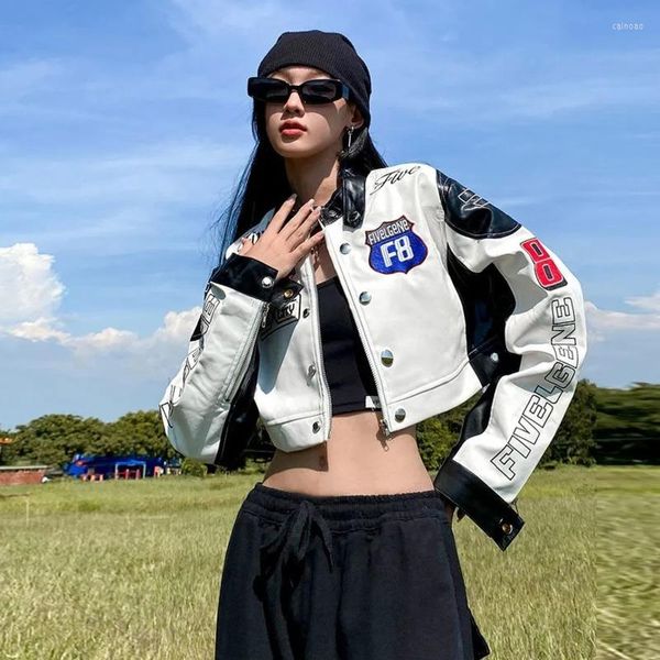 Chaquetas de mujer, chaqueta Varsity para mujer, chaqueta americana Vintage de manga larga para coche de carreras, abrigos de primavera para mujer, abrigo de cuero Pu a la moda 2023