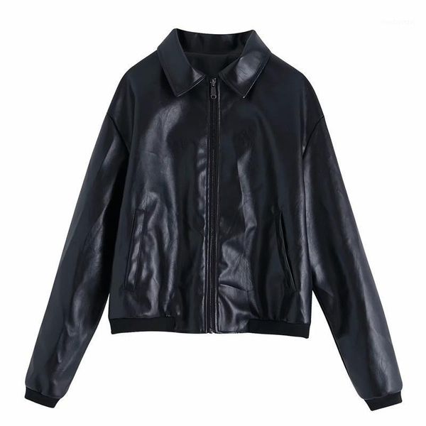 Chaquetas de mujer Vintage negro de gran tamaño Bomber de cuero 2022 otoño femenino sólido PU cremallera prendas de vestir señoras chaqueta de motocicleta suelta