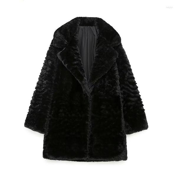 Vestes Femmes Femmes 2023 Automne Hiver Mode Fausse Fourrure Effet Manteau Noir Vintage Manches Longues Poche Latérale Femelle Vêtements De Dessus Chic Tops