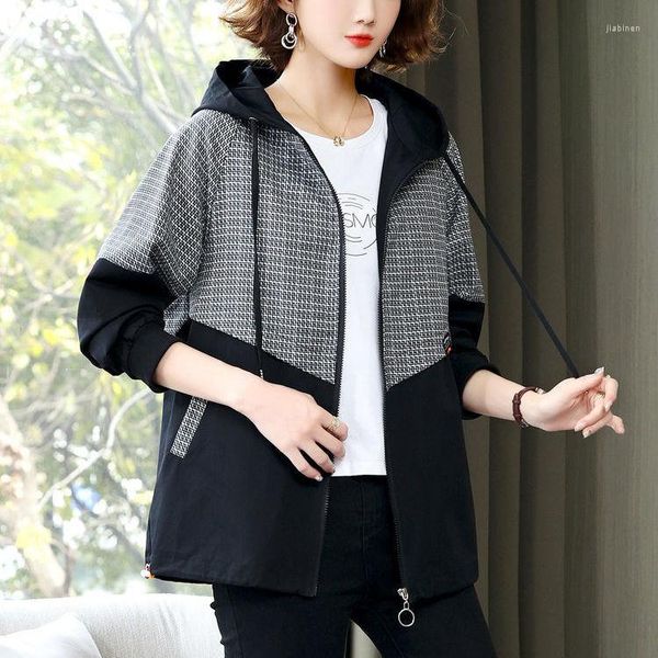 Chaquetas de mujer 2023 primavera otoño coreano elegante con capucha de manga larga chaqueta a cuadros moda femenina Casual abrigo prendas de vestir exteriores X124