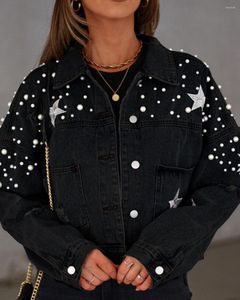 Vestes pour femmes femmes 2023 printemps et automne mode rue motif étoile travail lourd perle poche Denim manteau