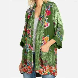 Damesjassen Casual losse kimono vest jas tops strand bikini cover-up jas bloemen bedrukt 3/4 mouw zak