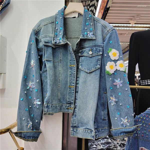 Vestes femme veste en jean femme 2023 printemps industrie lourde perle fleur jean manteau vêtements d'extérieur irrégulier court Casaco Feminino