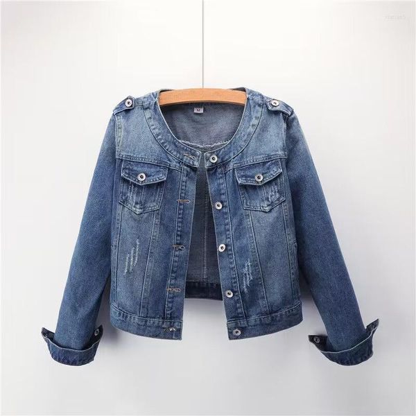 Vestes pour femmes Veste en jean à manches longues pour femmes Veste en jean ample recadrée Street Style Jean Manteau d'extérieur sans col court pour fille grande taille