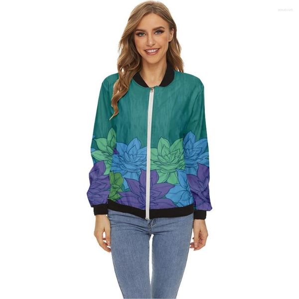 Chaquetas de mujer Chaqueta de mujer Tops Estampado de flores Manga larga Cuello de béisbol Abrigo con cremallera Slim Lady Girls Bomber Street Style