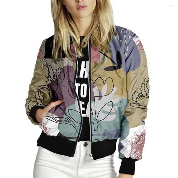 Vestes pour femmes Vestes pour femmes Hauts Manches longues Dessin au trait Imprimer Col de baseball Manteau à glissière Slim Lady Girls Bomber Street Style