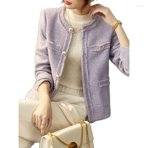 Chaquetas de mujer, abrigo corto de Tweed informal morado para mujer, chaqueta femenina de cuello redondo para primavera y otoño