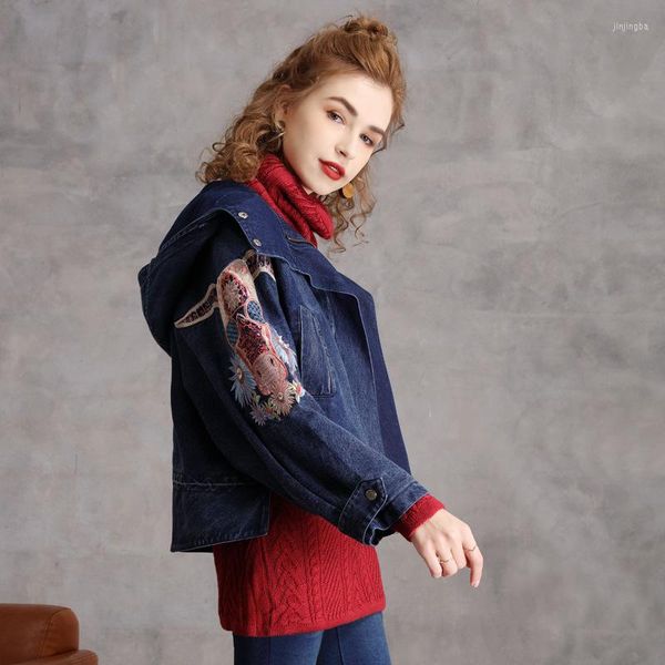 Vestes Femme Veste Courte Brodée Décontractée Ins Veste Hiver Rétro Fermeture Éclair Denim Parka Top