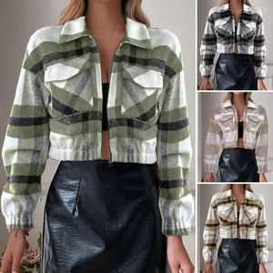 Dames Jassen Dames Herfstjas Plaid Print Klepzakken Turn-down Kraag Revers Losse Zachte Vest Rits Contrast Kleur Lente Kort