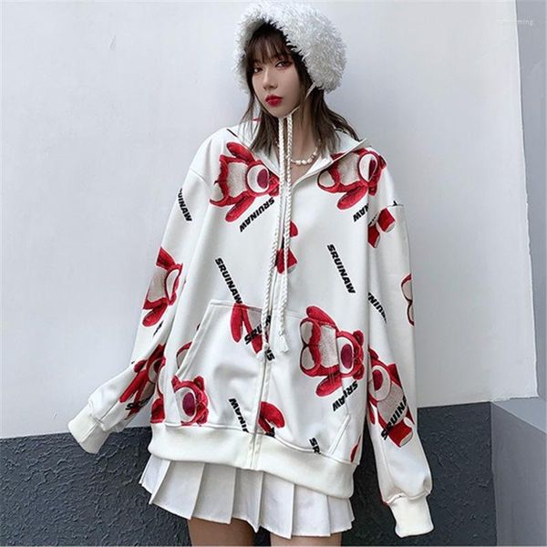 Femmes Vestes Femmes Automne Lâche À Capuche Manteaux Japonais Harajuku Mignon Ours Imprimer Survêtement Fille Printemps Surdimensionné Veste Automne Vêtements Pour