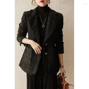 Vestes Femmes Femmes Automne Hiver Laine Brillant Manteau Court Lourd Tweed 2024 Noir Col En V Petite Veste De Costume