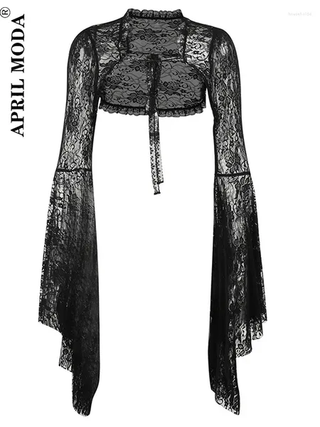 Chaquetas de mujer Mujeres Black Lace Shrug Bolero Manga corta acampanada Chaqueta recortada para la noche de boda Disfraces góticos Tops estéticos