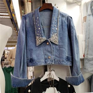 Chaquetas de mujer, chaqueta vaquera corta azul para mujer con diamantes, otoño 2022, pantalones vaqueros holgados de una hilera con dos botones y manga farol, ropa de calle