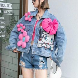 Chaquetas de mujer Mujeres Dibujos animados Niñas Bordado Lentejuelas 3D Bowtie Flores Abrigo de mezclilla Floral con cuentas Jeans Chaqueta Vaquero Manga larga Crop Tops