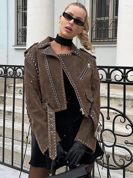 Vestes Femmes Femmes Casual Lace Up Rivet Bomber Veste Mode À Manches Longues Revers Zip-up Manteau Automne Hiver Party Club Chic Femme