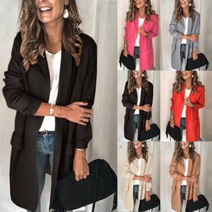 Chaquetas de mujer Mujeres Casual Color Sólido Mangas largas Profesional Silm Traje Media Longitud Abrigo TopMujeres