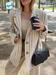 Jaquetas femininas mulheres casual listra blazer casaco moda manga longa laple colarinho único breasted jaqueta 2023 feminino grande bolso escritório
