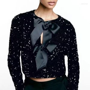 Chaquetas de mujer Mujeres Chic Short Lentejuelas Cardigan con arco Moda Manga larga Navidad Abrigos brillantes Otoño Elegante Lady Shiny Partywear