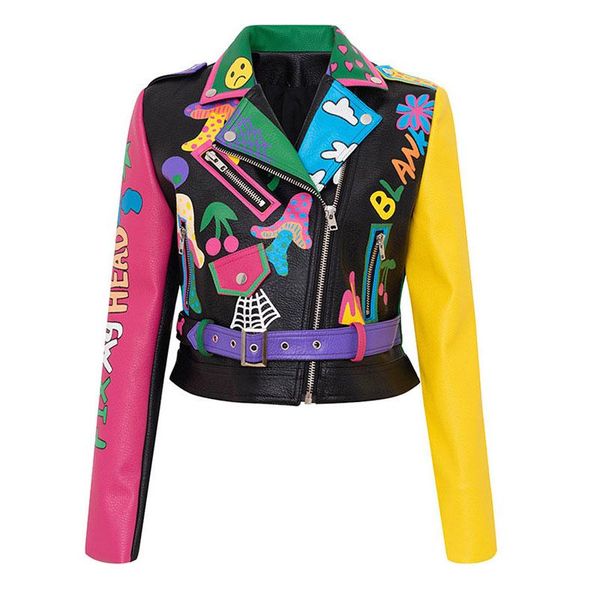 Vestes pour femmes femmes Club Style Graffiti motif veste en cuir pour feu et arc-en-ciel imprimer femme moto vêtements d'extérieur courts